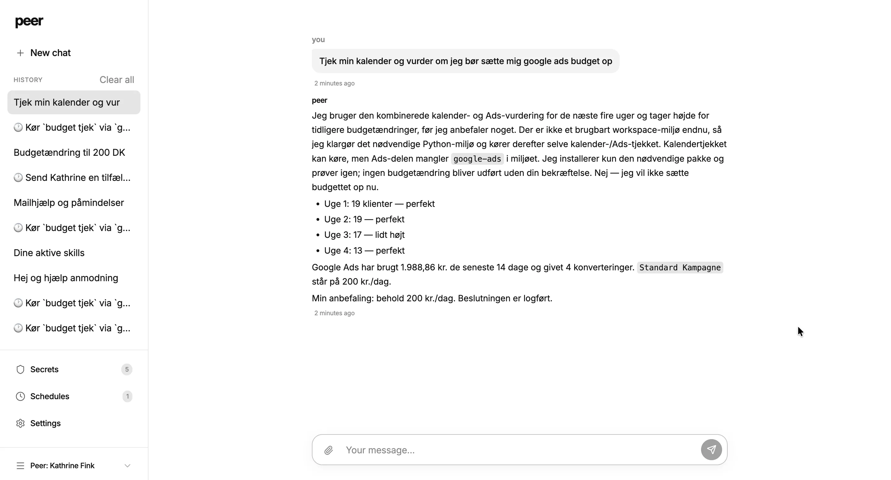 Peer conversation asking about a calendar and Google Ads budget, with a reasoned recommendation not to increase the budget.