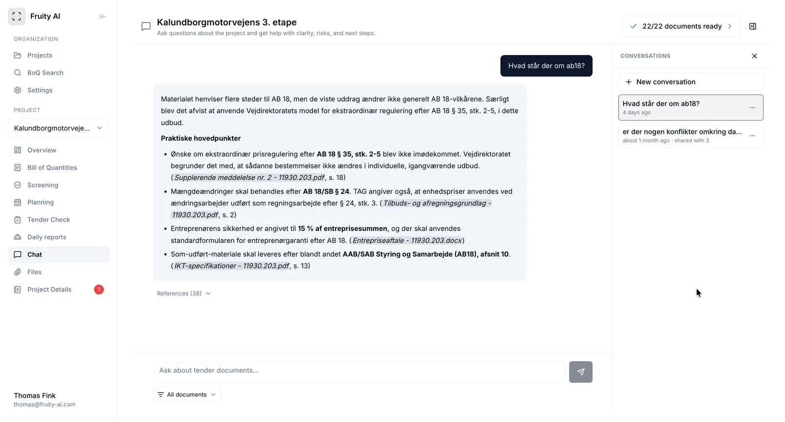 TenderCore conversation about tender documents with source references