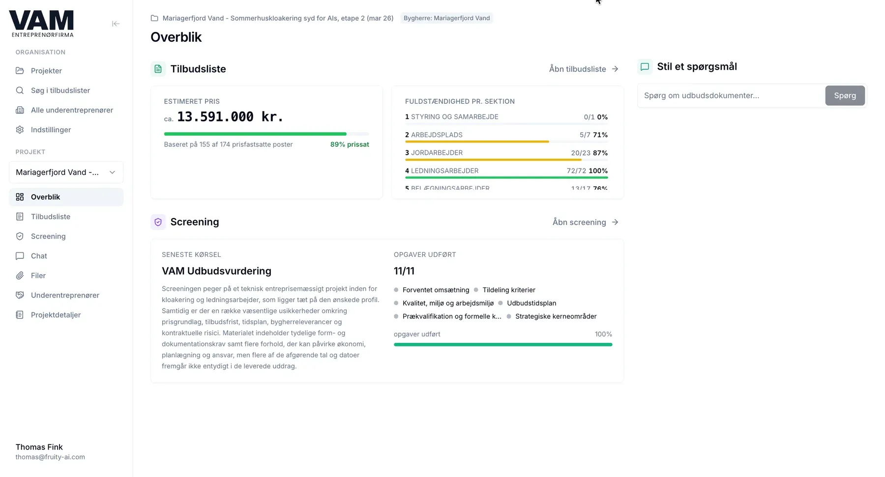 VAM project overview in TenderCore showing the bid list, pricing progress and screening.