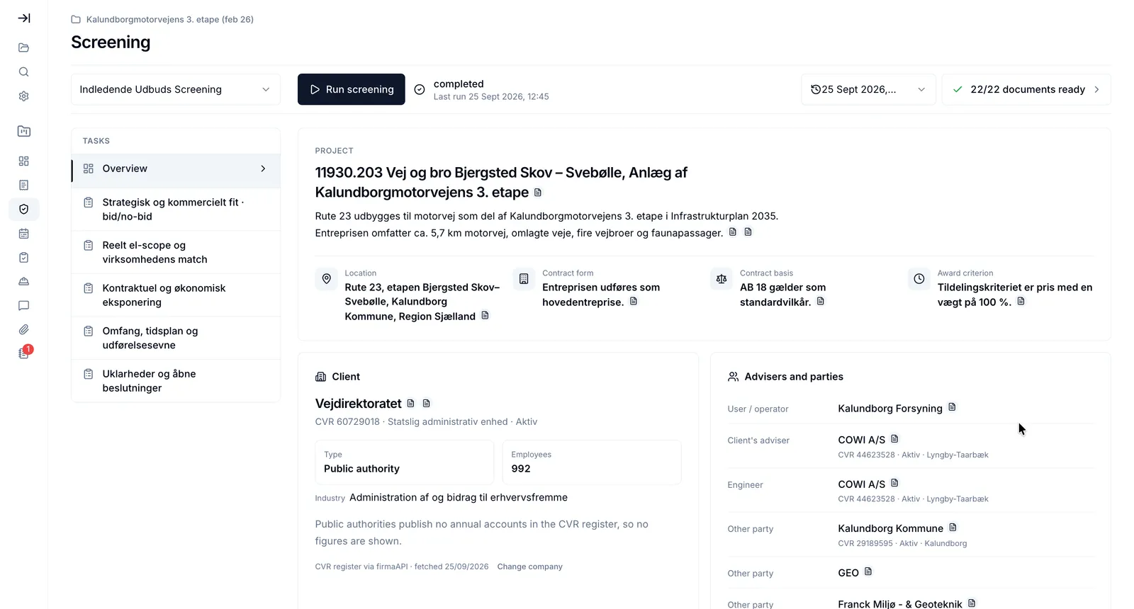 TenderCore screening with project requirements, tasks and risks