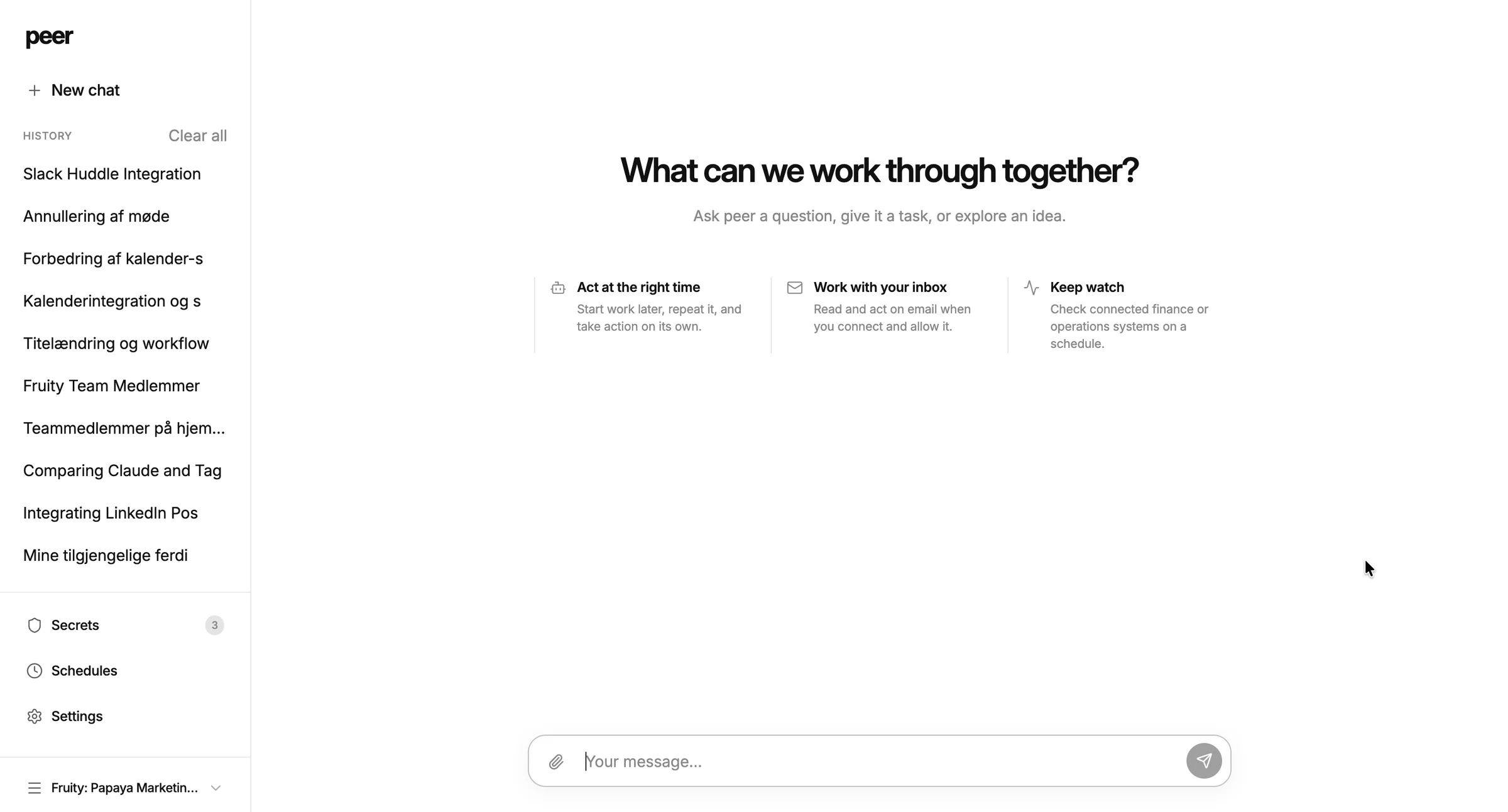 Peer · starting workspace with conversations and scheduled tasks